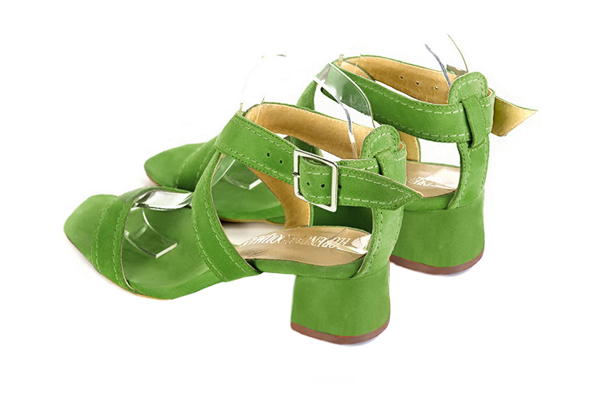 Women's grass green elegant fully open cross straps sandals. Square toe. Low flare heels - Rear view